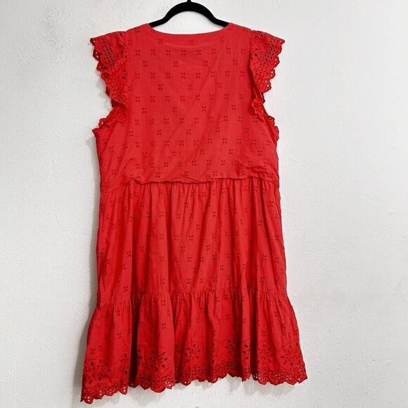 LOFT Coral Embroidered Eyelet Flutter Sleeve Tiered Ruffle Shift Dress Size 12 - Picture 6 of 13